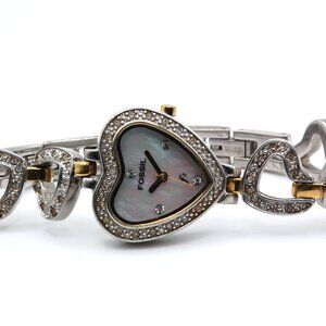 Fossil F² Silver Heart-Shaped Women's Fashion Quartz Watch ES-1000 (New Battery)